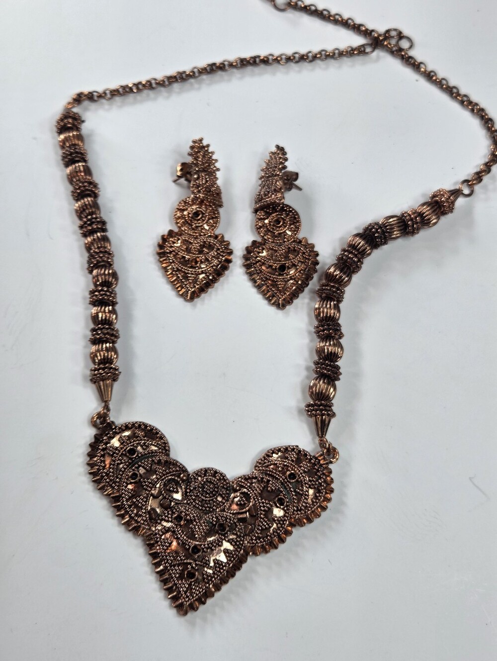 artisan Copper Tone Heart Necklace & Earrings Set indian wedding style textured